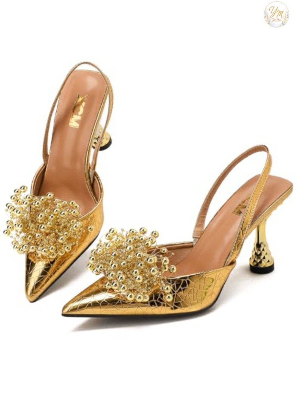 Pointed Toe Slingback Pumps with Beaded Cluster & Sculpted Block Heel